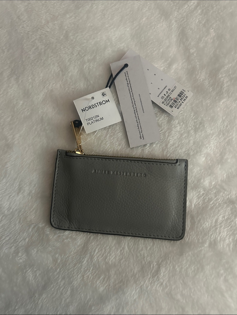 Aimee Kestenberg Gray Leather Zip Card Pouch with Gold Hardware
